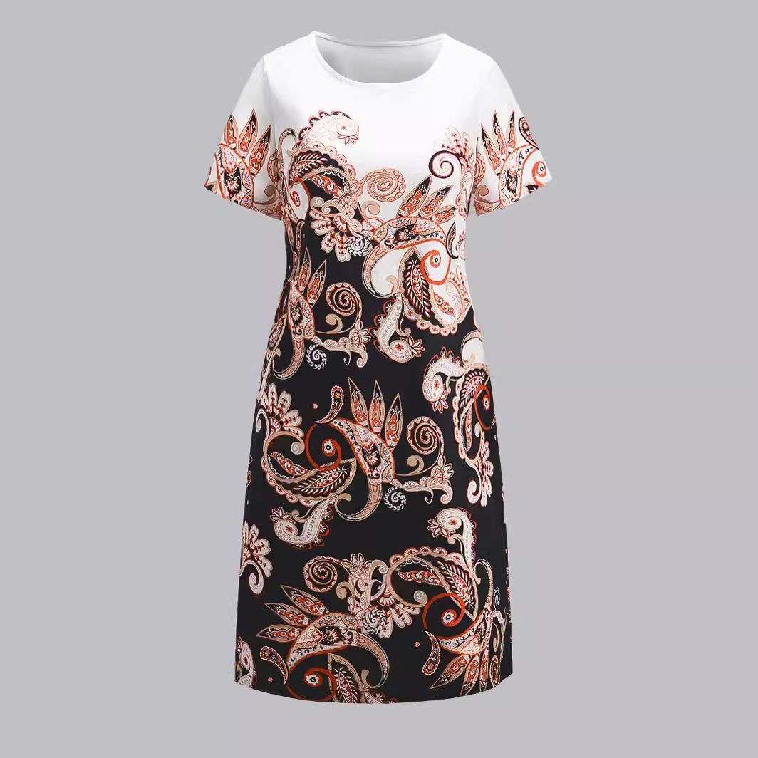 European American Clothing, Fitted Woven Fabric With Digital Positioning Print, Short-sleeved, Fashionable And Elegant,_ecoleips.com