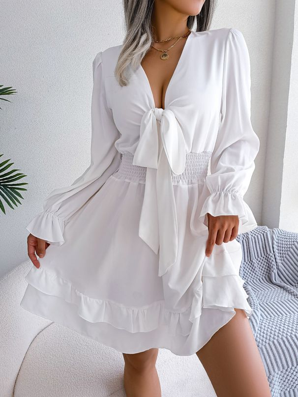 Real Shot Of 2026 Spring/Summer European And American Casual Lace-up Waist-cinching Ruffled Hem Maxi Dress_ecoleips.com