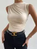 Fashion Casual Mock Neck Ruched Tank Top For Women Summer 2024 Solid Color Pleated Sleeveless Tee Shirt Tshirt Streetwear Y2K_ecoleips.com