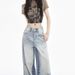 Light Blue American Street Worn White Ripped Straight Jeans For Women's Autumn And Winter New Style, Loose High Waist_ecoleips.com