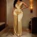 Champagne Gold Satin Jumpsuit For Women, Elegant Draped Neck Wide-Leg Romper, Luxe Evening Wear And Party Outfit_ecoleips.com