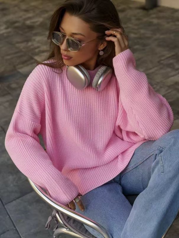 Oversized Round Neck Sweater – Soft Polyester & Acrylic Blend, Relaxed Fit Long Sleeve Knit Top With Puff Sleeves, Minimalist Solid Color Pullover_ecoleips.com