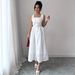 Women's Clothing Elegant White Openwork Slip Dress Style Square Neck Tea Dress With Slimming Waist And Tie Neck For Women_ecoleips.com