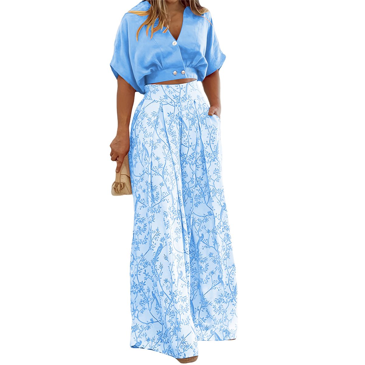 Women's V-Neck Printed Shirt & Wide-Leg Pants Set – Lightweight Polyester Travel Outfit (8 Vibrant Colors, Animal Print, Breathable Summer Essential)_ecoleips.com