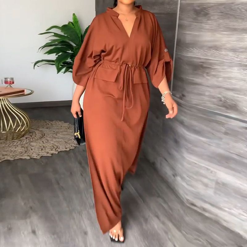 Spring 2026 Women's Casual Long Dress European American Style Tie Waist Slit Solid Color Everyday Fashion_ecoleips.com