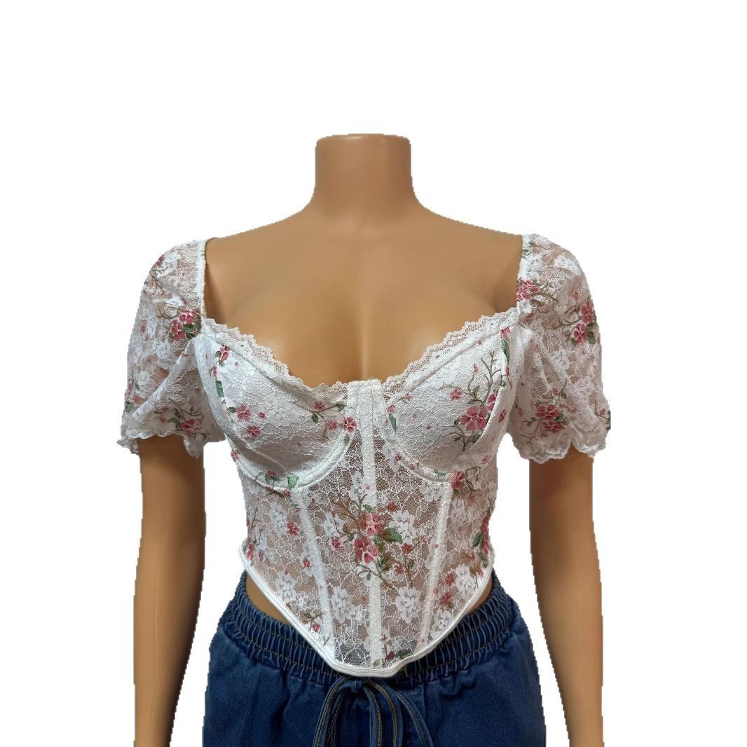 Women's Clothing Hot Girl Style Sexy Lace Flower Perspective Fishbone Short Sleeved Irregular Tops For Women_ecoleips.com