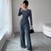 Elegant Women's Ribbed Two Piece Set With Drawstring Top And Wide Leg Pants Long Sleeved Autumn Winter Fashion Style_ecoleips.com