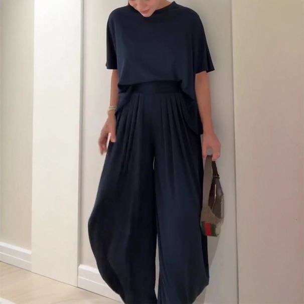 Women's Clothing Solid Color Casual Loose Comfort Round Neck Wide Leg Pants Suit_ecoleips.com
