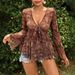 Women's Slim Fit Long Sleeve T-Shirt Deep V Neck Mesh Print Versatile Top European American Style Independent Amazon Store_ecoleips.com