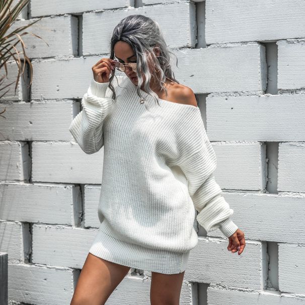 K Women's Dress; Casual Off-shoulder, Bell-sleeved Sweater Dress. No Necklace, Glasses Or Other Accessories_ecoleips.com