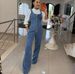 Women's Slim-Fit Denim Jumpsuit Strappy Wide-Leg Romper with Waist Accent_ecoleips.com