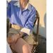 Women's Loose Casual Color Block Top Korean Style Collared Blue And White Striped Outerwear Shirt Autumn New_ecoleips.com