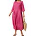 Women's Pleated Cotton Linen Dress Solid Color Casual Loose Button Crescent Neck Three Quarter Sleeve 2026 European And American_ecoleips.com