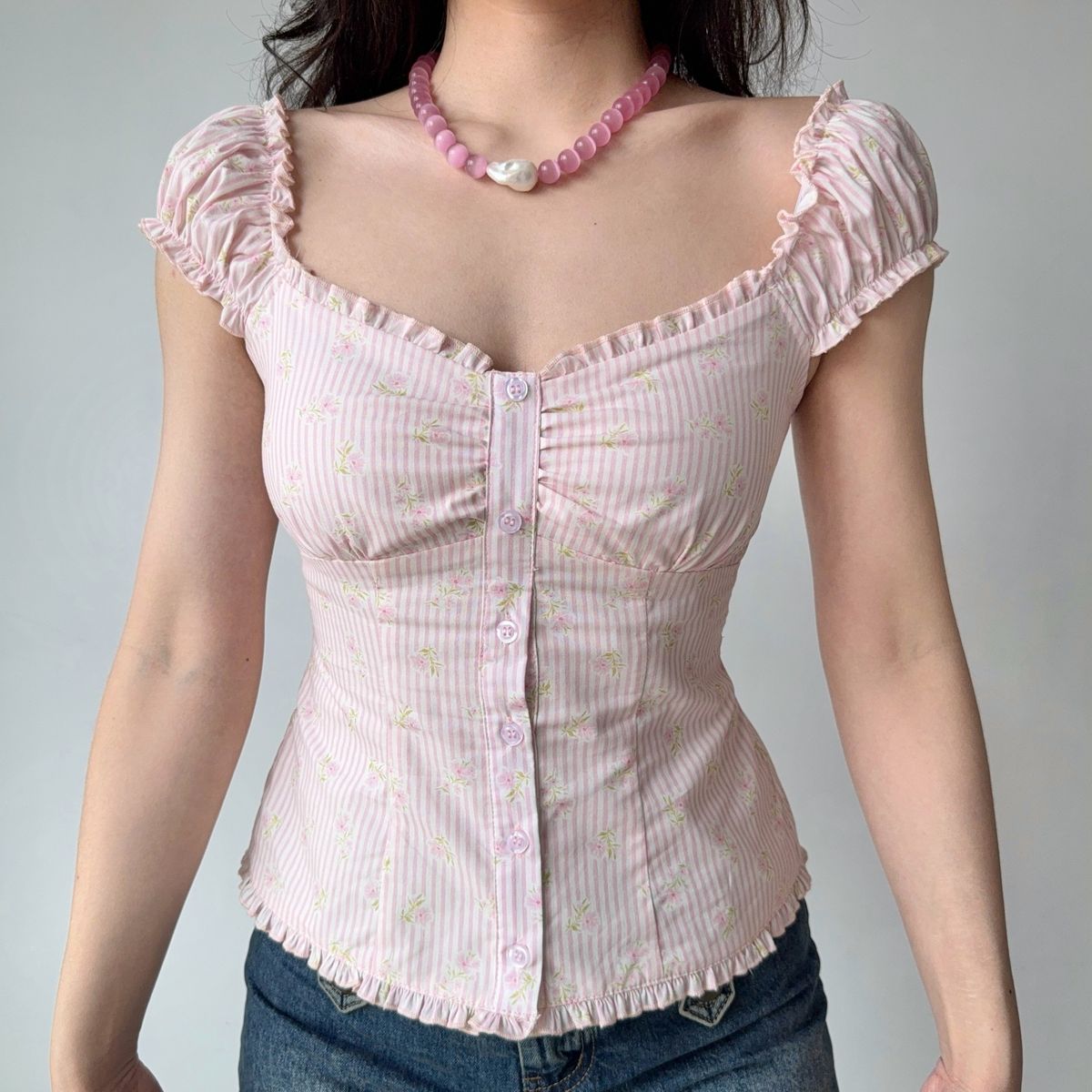 Women's Bubble Sleeve Shirt Top Versatile Slim-fitting Temperament Elegant Short Sleeve Lining_ecoleips.com
