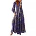 New European And American Cross-border Bohemian Style Bell-sleeve Printed V-neck High-waisted Holiday Floral Long Dress_ecoleips.com