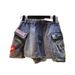 European Station 2025 Summer New Embroidered Letter Logo Patch High-Waisted Slimming Cargo Pocket Denim Shorts For Women_ecoleips.com