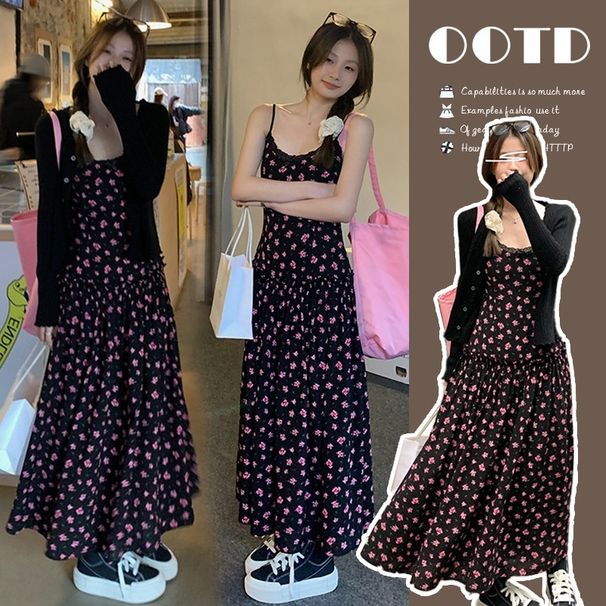 Autumn New Korean Fashion Printed Strap Cardigan 2-Piece Set Maternity Dress_ecoleips.com