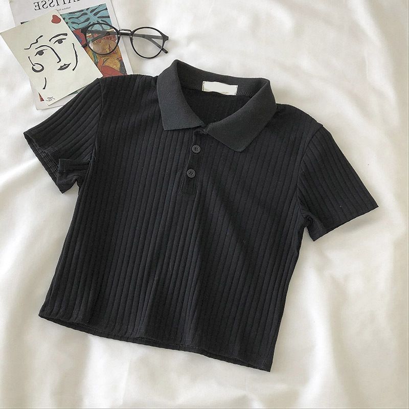 Polo Collar Short Sleeved T Shirt Women's Summer High Waist Short Slim Fit Slim Short Sleeved Tops Ribbed Bottoming Shirt_ecoleips.com