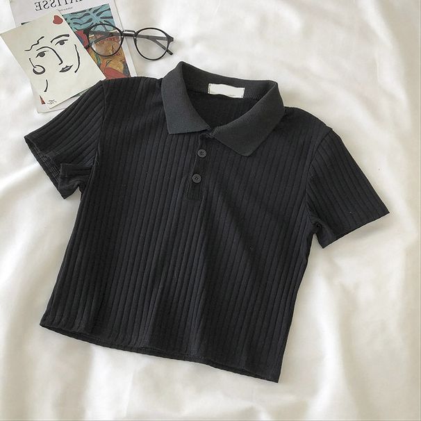 Polo Collar Short Sleeved T Shirt Women's Summer High Waist Short Slim Fit Slim Short Sleeved Tops Ribbed Bottoming Shirt_ecoleips.com