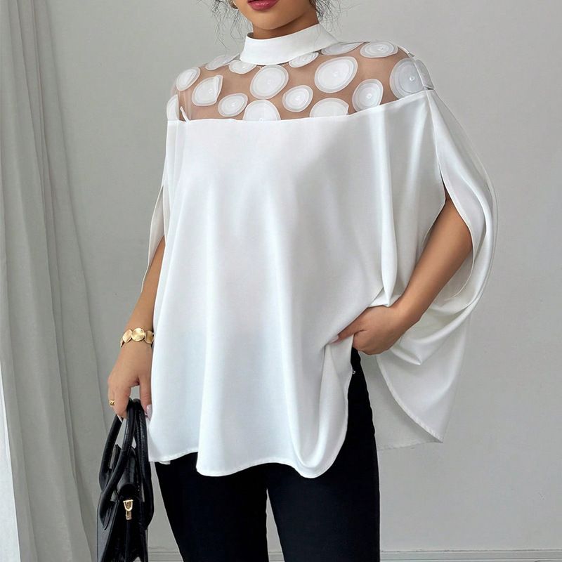 Women's Oversized Batwing Sleeve Blouse - Breathable Mesh Shoulder Cutout Top For Office & Vacation - White Boho Chic Shirt With Asymmetrical Hem_ecoleips.com