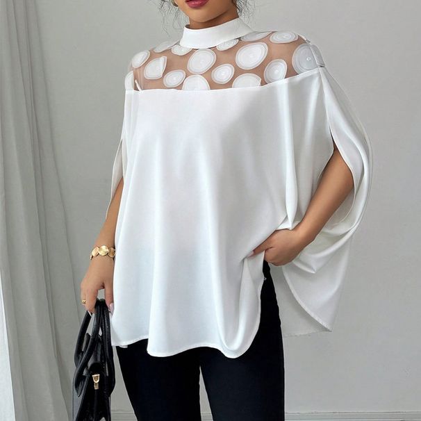 Women's Oversized Batwing Sleeve Blouse - Breathable Mesh Shoulder Cutout Top For Office & Vacation - White Boho Chic Shirt With Asymmetrical Hem_ecoleips.com