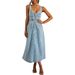 Women's Summer Blue Denim Distressed Overalls Single Breasted Button Midi Dress Casual Vintage Style_ecoleips.com