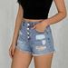 Vintage High Waist Button Fly Distressed Denim Shorts For Women - Mid Blue Washed Ripped Casual Hot Pants With Raw Hem_ecoleips.com