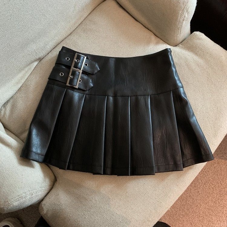 Verve Brown Leather Mini For Women 2025 Autumn New High Waist Slimming A-line Pleated Short Fashion PU Half Skirt Ins Trend_ecoleips.com