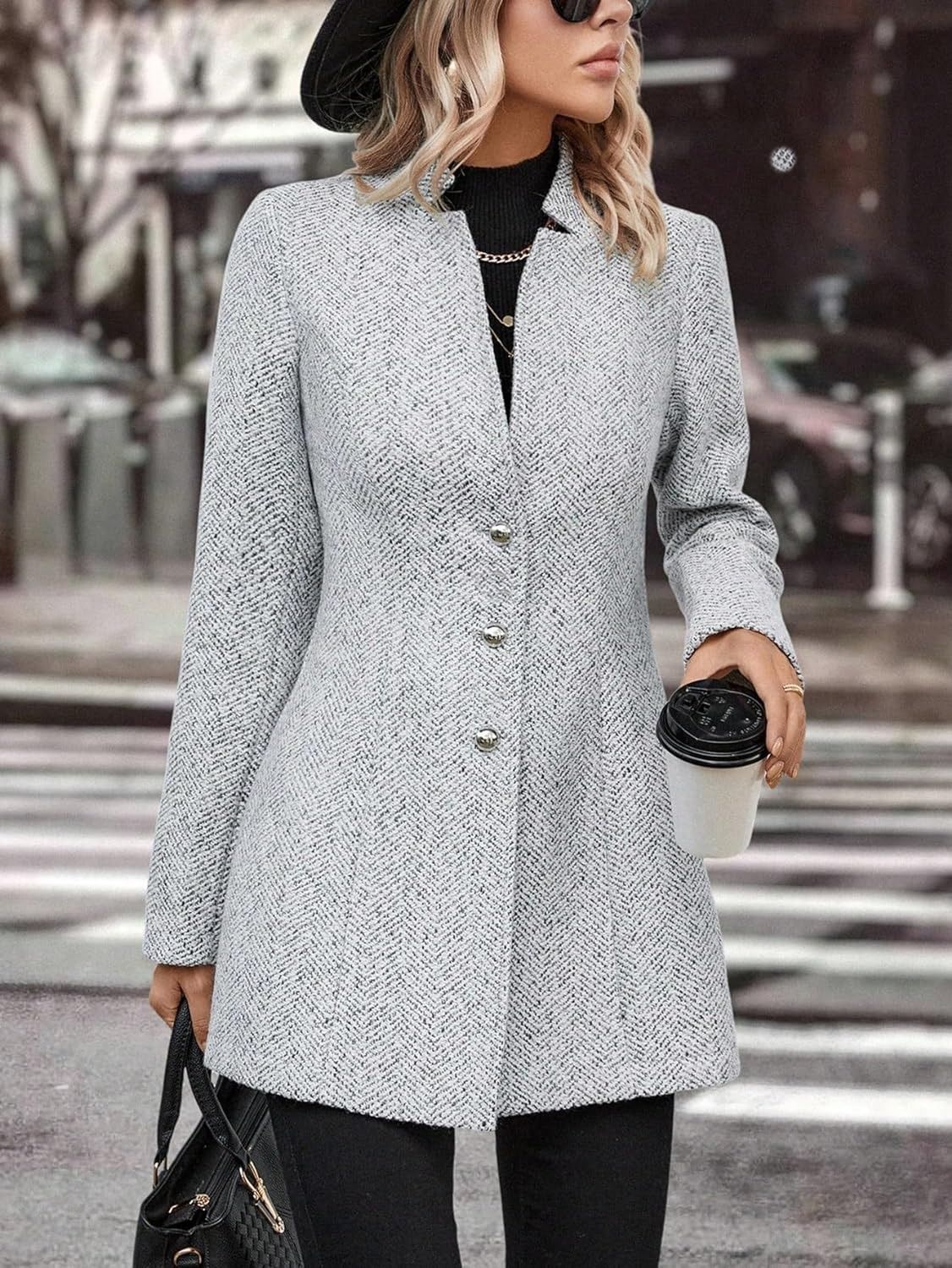 Women's Casual Long Sleeve Notched Collar Button Coat – Solid Color Wool Blend Trench Coat For Elegant & Urban Style_ecoleips.com