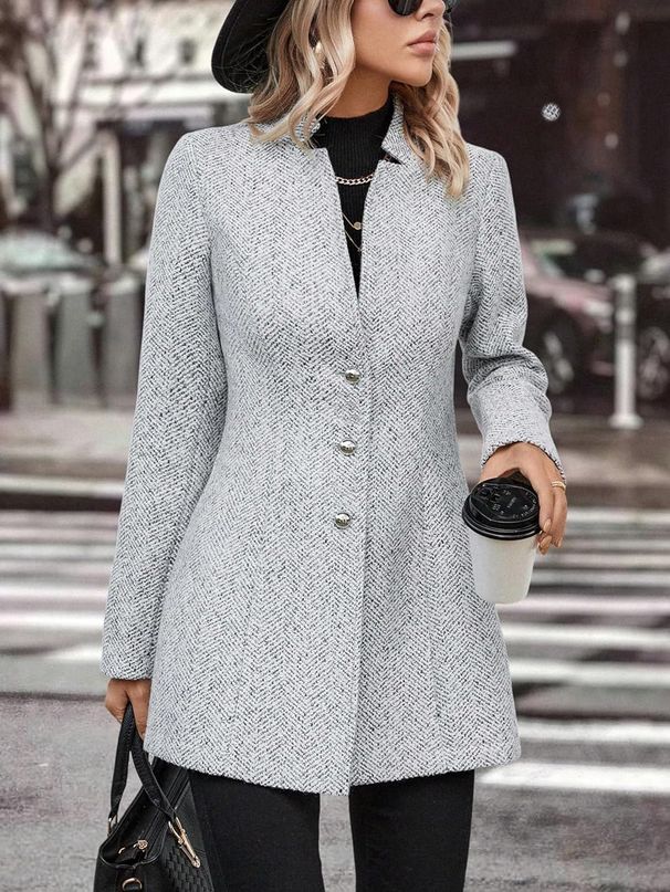 Women's Casual Long Sleeve Notched Collar Button Coat – Solid Color Wool Blend Trench Coat For Elegant & Urban Style_ecoleips.com