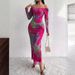 Women's Clothing Printing Pleated Sexy Tight Fitting Slit Square Neck One Line Dress_ecoleips.com