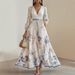 Autumn And Winter New Women's Print V-neck Long Sleeve Fashion Pleated Dress Long Skirt Women_ecoleips.com