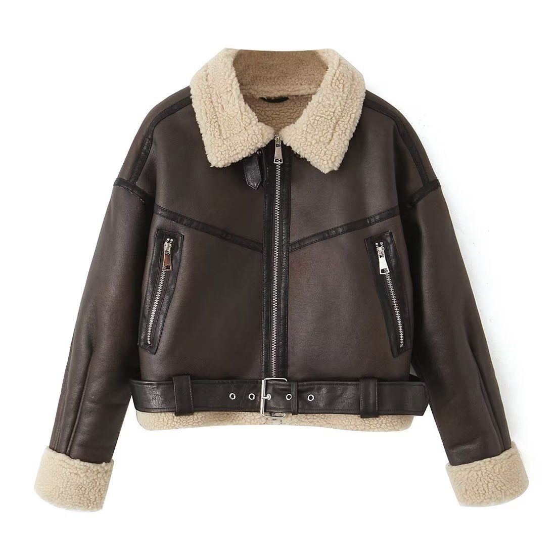 Women's Faux Fur Bomber Jacket - Streetwear Fashion Short Coat With Lapel Collar, Gothic Style, Loose Fit, Zipper Closure, Dark Brown_ecoleips.com