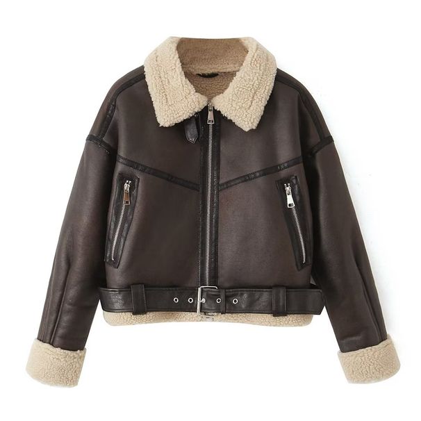 Women's Faux Fur Bomber Jacket - Streetwear Fashion Short Coat With Lapel Collar, Gothic Style, Loose Fit, Zipper Closure, Dark Brown_ecoleips.com