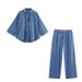 K New European And American Style Fashionable Wide Sleeved Lapel Denim Shirt Casual Wide Leg Straight Leg Pants Set For Women_ecoleips.com
