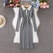 Women's Slim Fit Color Blocked Half Zip Polo Collar Knit Dress Long Sleeve Sweater Dress Export Quality_ecoleips.com