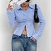 Women's Sexy Casual Versatile V Neck Striped Long Sleeve Shirt Top European American Style_ecoleips.com