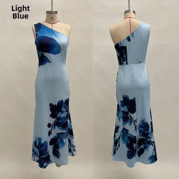 Blue Floral Print One Shoulder Long Dress American Style Elegant Classy Banquet_ecoleips.com