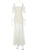 Hugcitar Slash Neck Solid Short Sleeve Patchwork Mesh Ruched Sexy Maxi Dress See Through Women Elegant Outfits Party Holiday_ecoleips.com