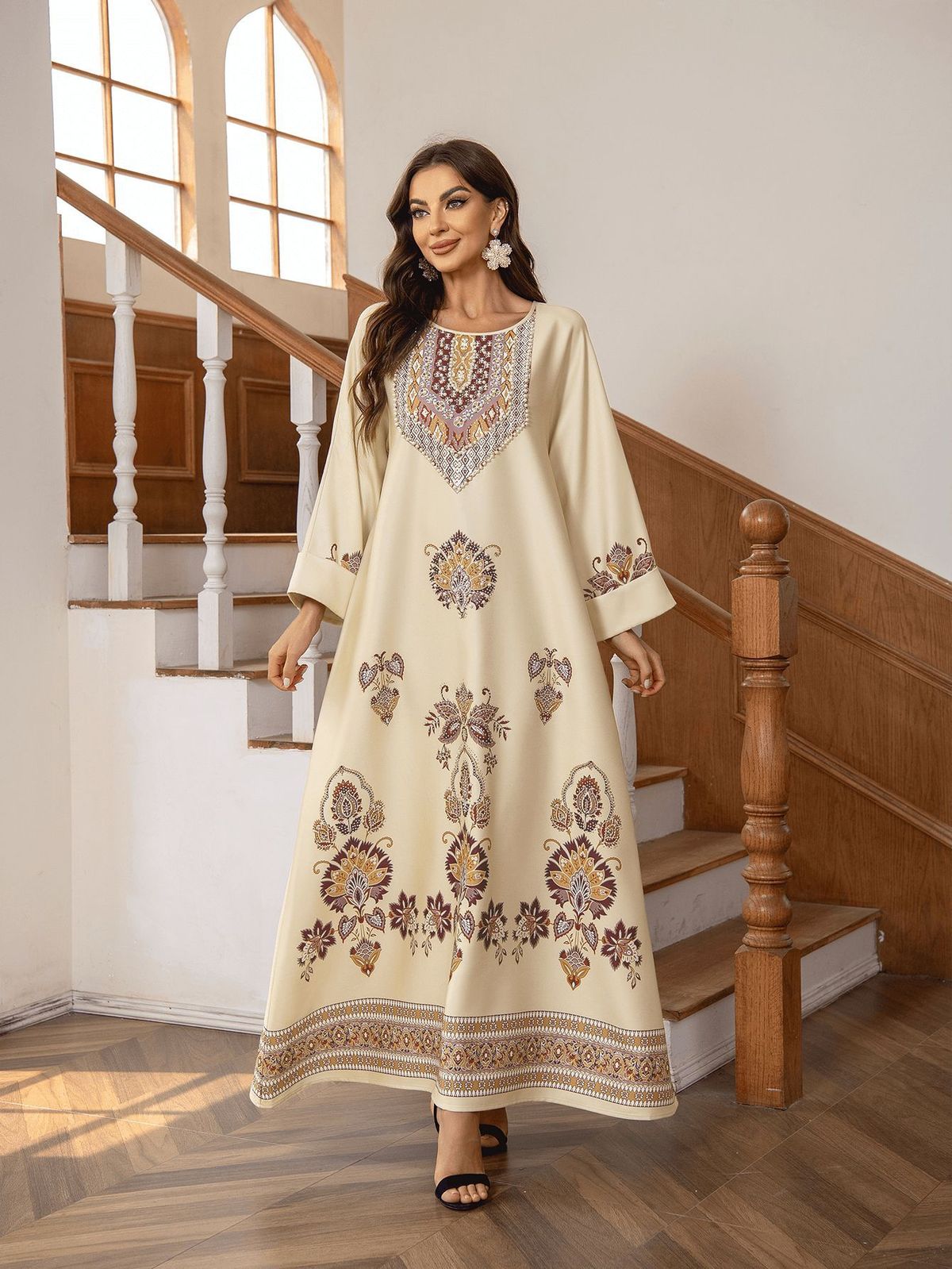 Women's Clothing Middle East Muslim Dress Round Neck Printing Hot Diamond Beading Loose A Line Robe_ecoleips.com