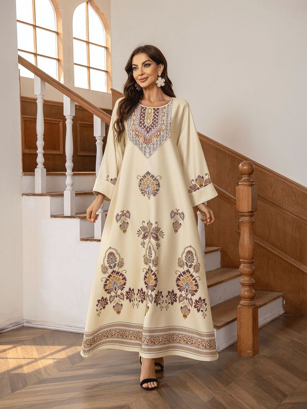 Women's Clothing Middle East Muslim Dress Round Neck Printing Hot Diamond Beading Loose A Line Robe_ecoleips.com