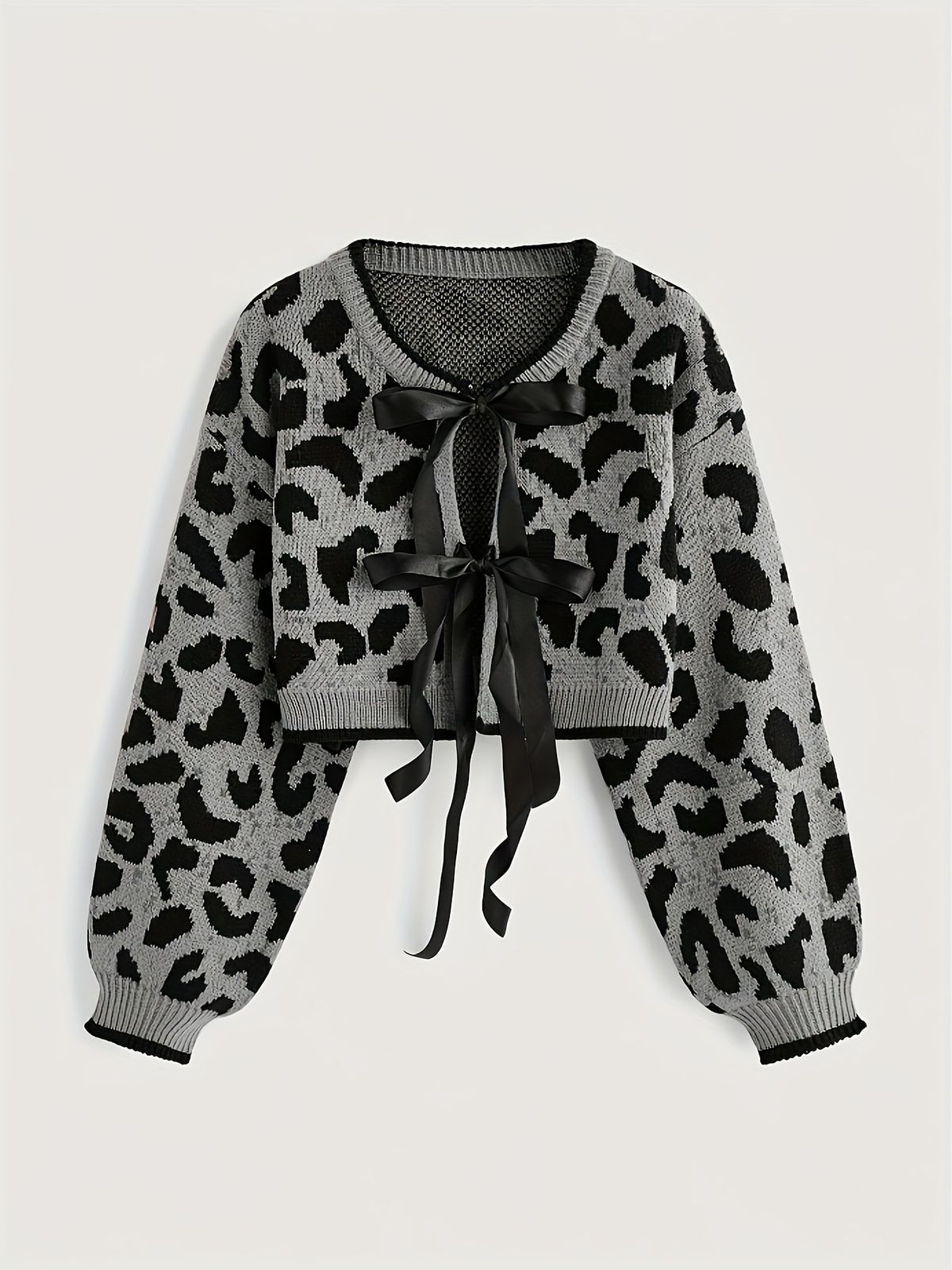 European And American Cross-border Leopard Print Bow Tie Knitted Sweater Women's Long-sleeve Cardigan Top_ecoleips.com