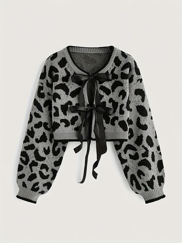European And American Cross-border Leopard Print Bow Tie Knitted Sweater Women's Long-sleeve Cardigan Top_ecoleips.com