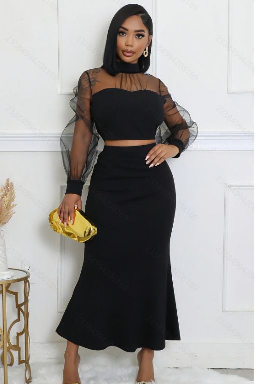Women's Clothing Women's Fashion Elegant Mesh Splicing Tops Long Skirt Suits_ecoleips.com