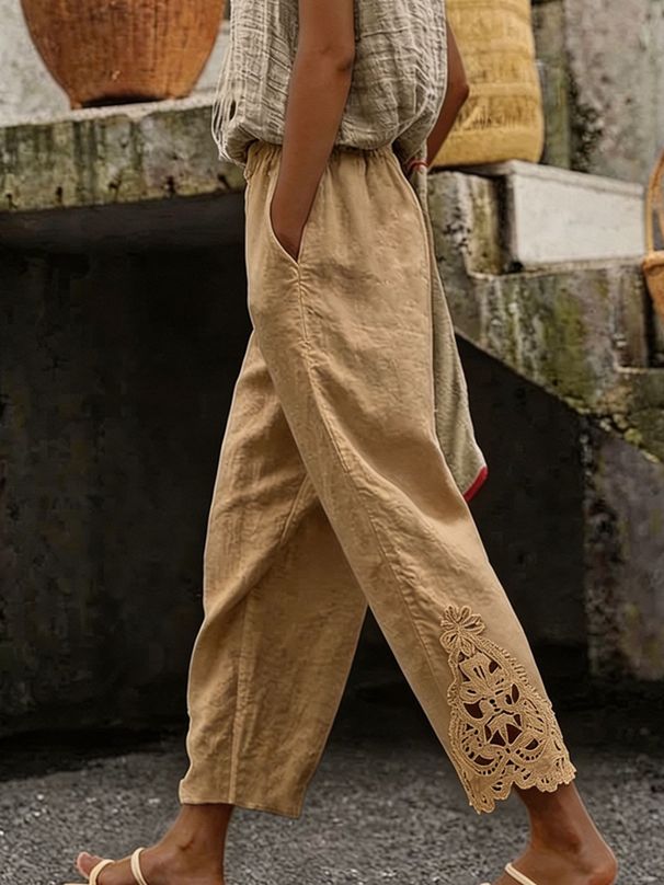 Women's Cotton Linen Loose Straight Leg Pants With Lace Detail Elastic Waist Casual Solid Color Bottoms_ecoleips.com