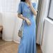 Bohemian Denim Patchwork French Maxi Dress With Knit Bodice – Flattering A-Line Fit, Long Sleeve, High Waist, Elegant Wrap Design For Women_ecoleips.com