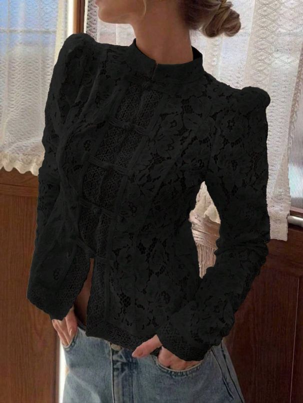Women's Elegant Blouse, Court Style Loose And Elegant One Line Shirt Top, Embellished With Floral Lace Hollow Design_ecoleips.com