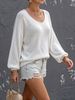 Women Soft Skin-Friendly Breathable Hollow Knit Top U Neck Lantern Long Sleeve Oversized Loose Rib Cuff Knit Sweater_ecoleips.com