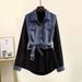 Women's Clothing New Large Size Fat Girl Fashion Street Design Two Piece Shirt Top Splicing Denim_ecoleips.com
