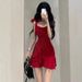 New Lotus Leaf Elegant Hot Girl Red Strap Petite Summer Pure Desire Style Waist Slimming Short Dress For Women_ecoleips.com
